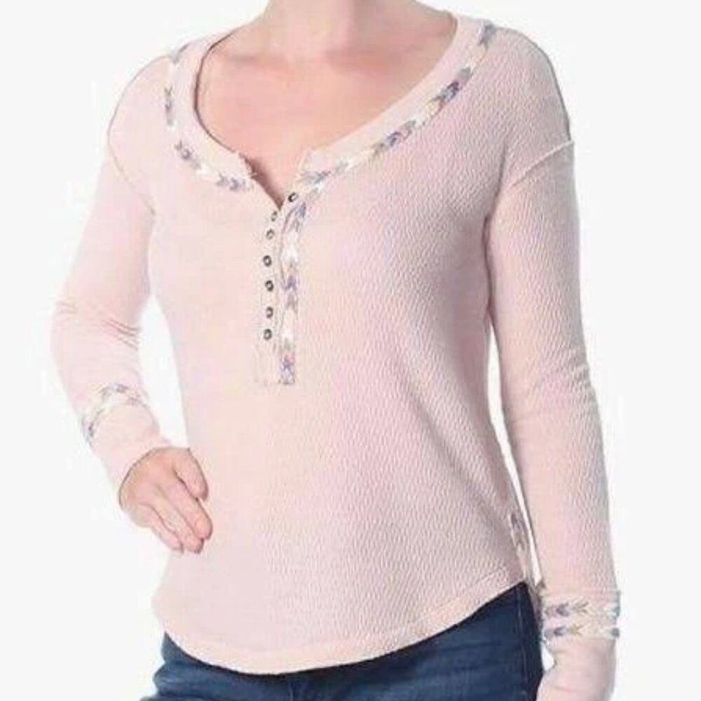 ✨ FREE PEOPLE ✨ Contrast Trim Thermal Henley Top - [Small, Pink]